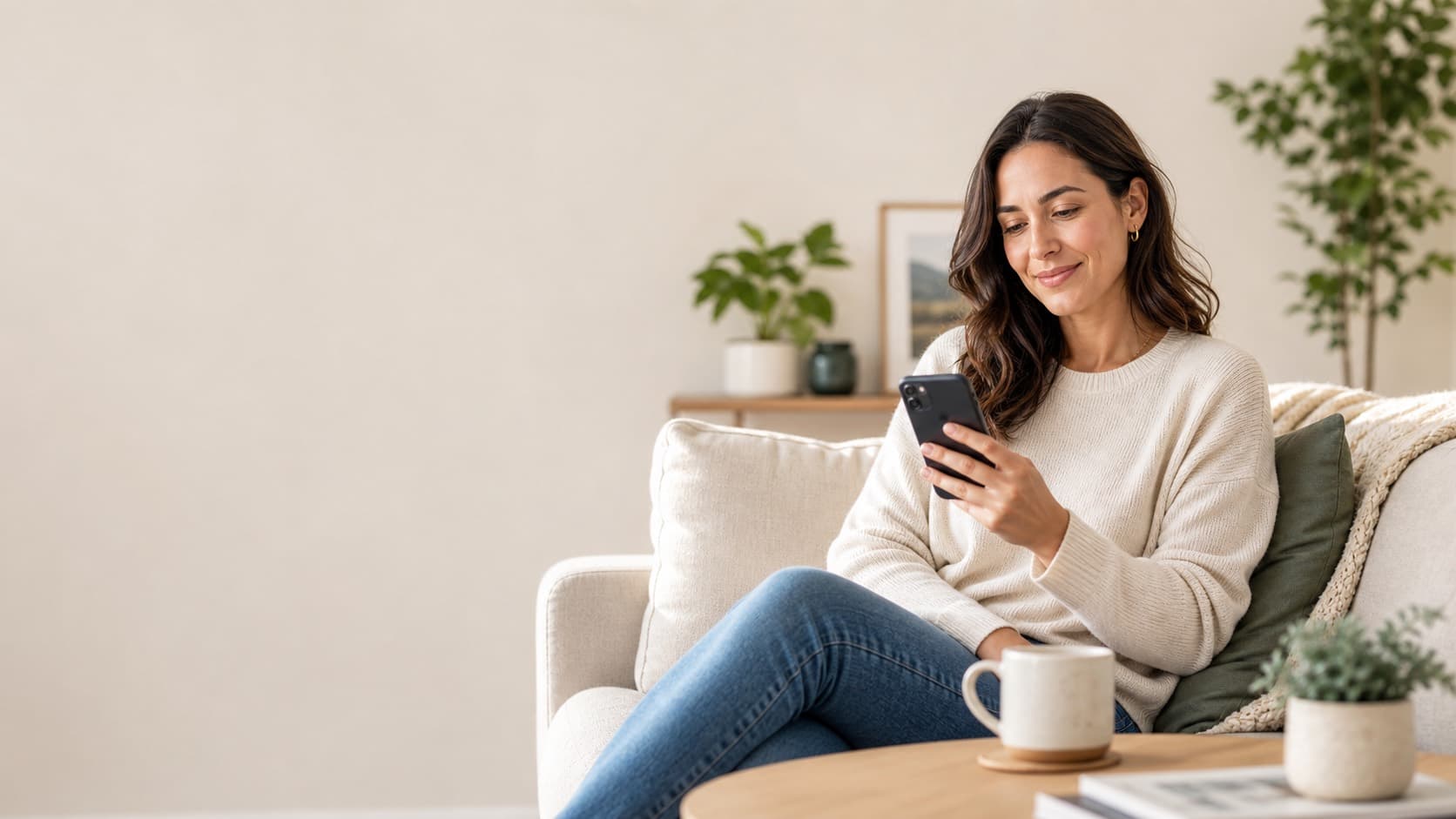 Vrouw zit ontspannen op de bank en bekijkt haar vaste lasten op haar telefoon
